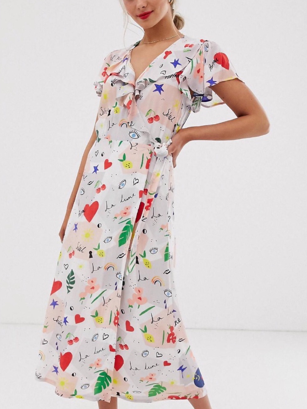 Lily and Lionel Fifi La Lune Wrap Midi Dress Sz Medium Ruffle Novelty Print